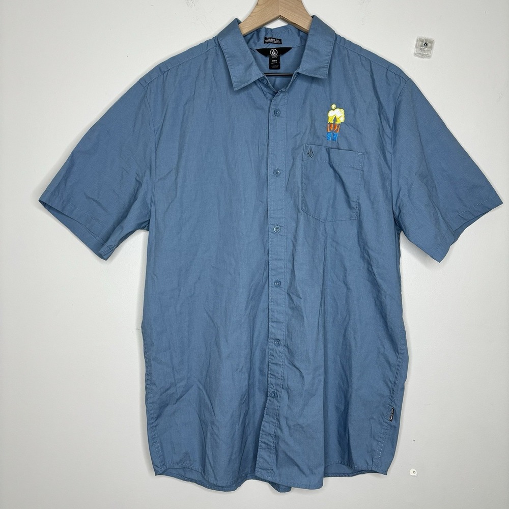 Volcom Shirt Blue Logo Button Down Short Sleeve‎ Skater Y2K XL Beer Grunge Indie